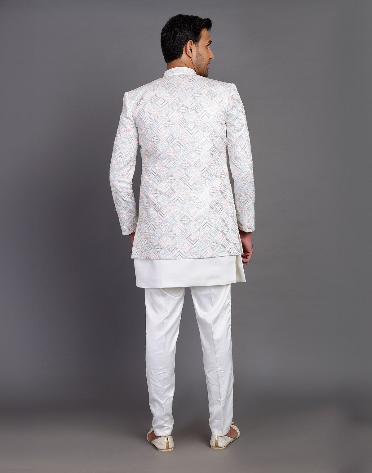 Multi Thread Embroidery Work Satin Cream Coloured Indo Open Jacket Style
