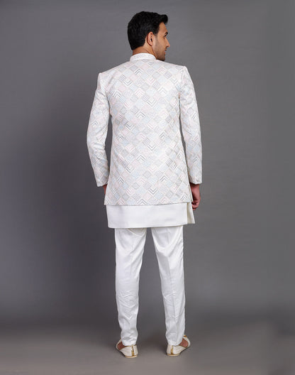 Multi Thread Embroidery Work Satin Cream Coloured Indo Open Jacket Style