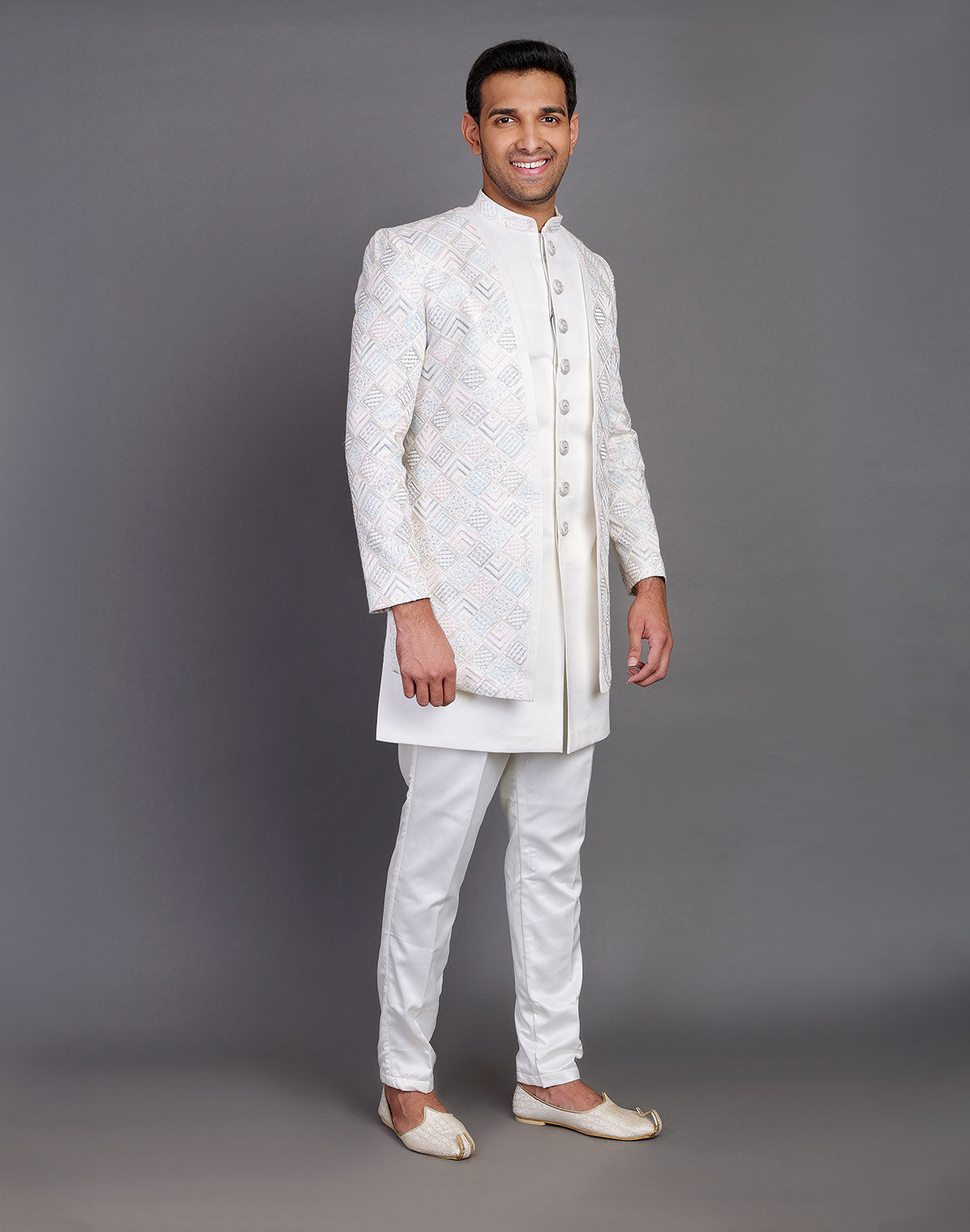 Multi Thread Embroidery Work Satin Cream Coloured Indo Open Jacket Style