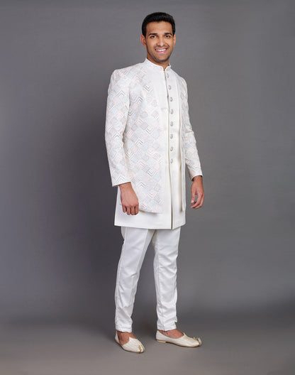 Multi Thread Embroidery Work Satin Cream Coloured Indo Open Jacket Style