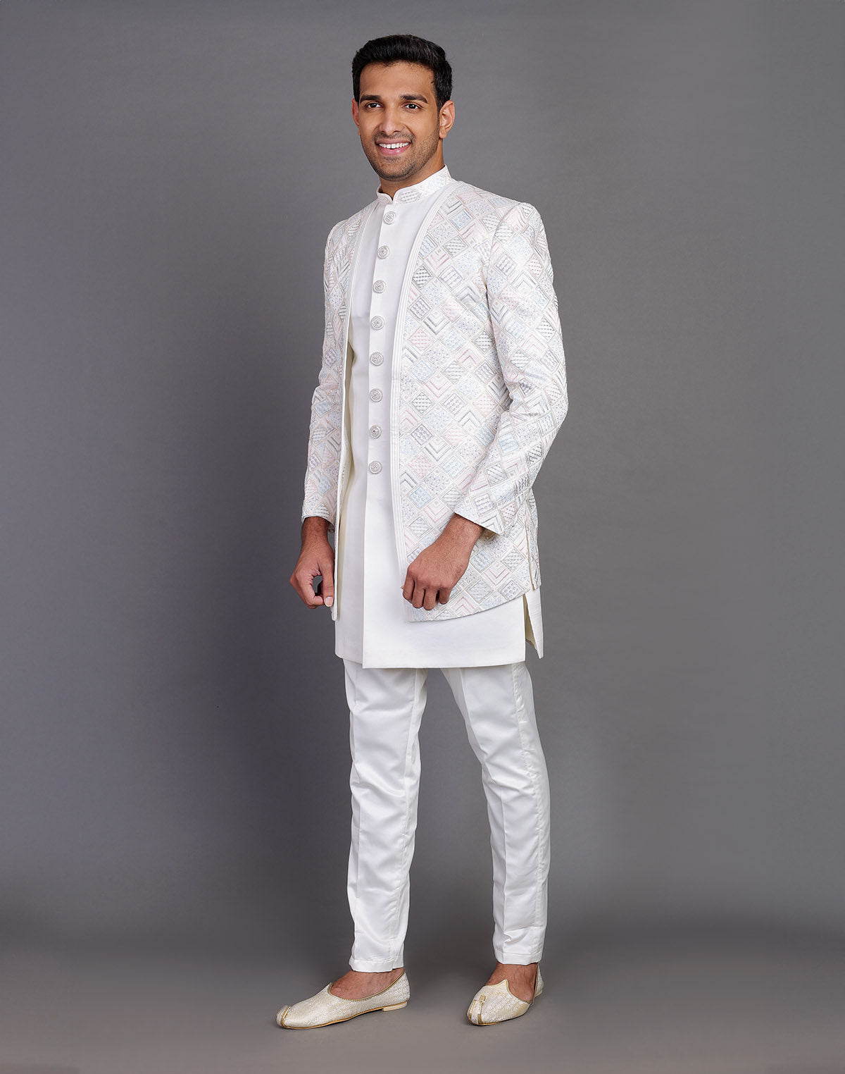 Multi Thread Embroidery Work Satin Cream Coloured Indo Open Jacket Style
