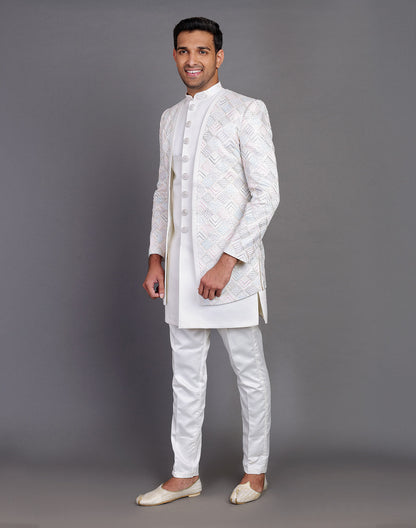 Multi Thread Embroidery Work Satin Cream Coloured Indo Open Jacket Style