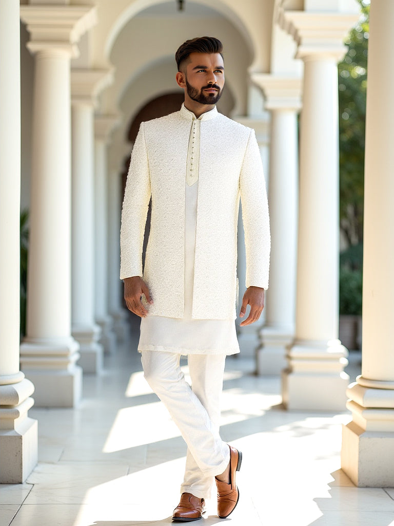 Cream Self Patterned Thread with Embellished Milky Silk Indo-Open Jacket Set