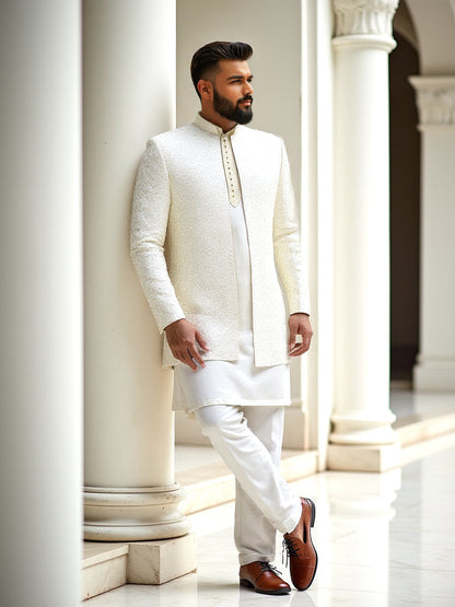 Cream Self Patterned Thread with Embellished Milky Silk Indo-Open Jacket Set