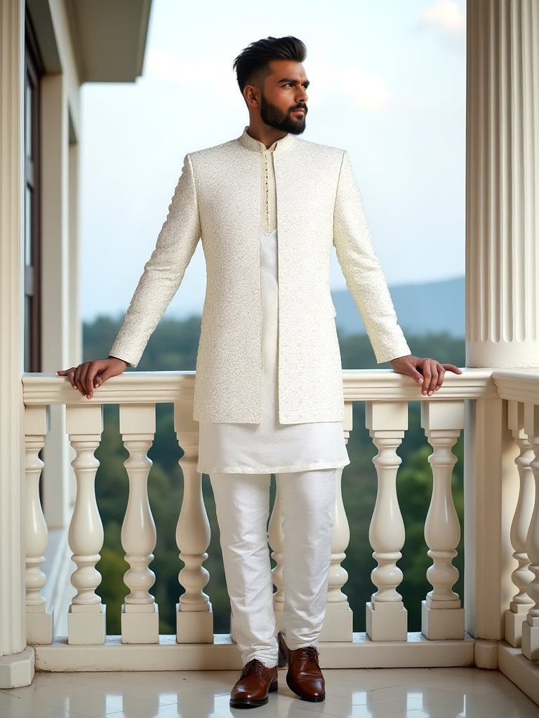 Cream Self Patterned Thread with Embellished Milky Silk Indo-Open Jacket Set