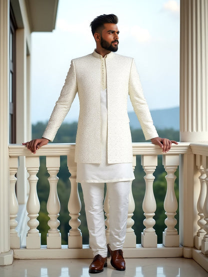 Cream Self Patterned Thread with Embellished Milky Silk Indo-Open Jacket Set