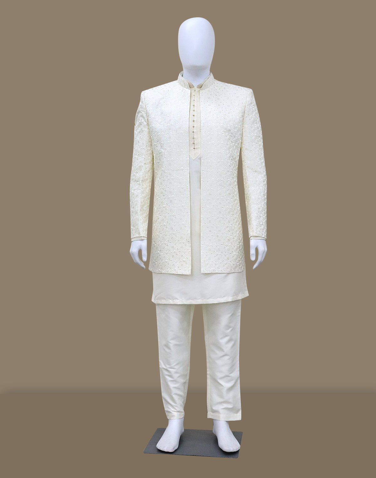 Cream Self Patterned Thread with Embellished Milky Silk Indo-Open Jacket Set