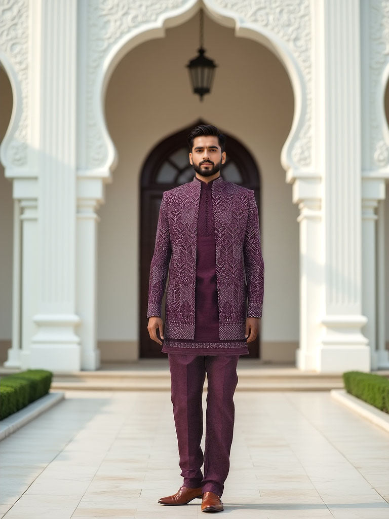 Suave Wine Stylish Thread Embroidery work Floral Matka Silk Indo-Open Jacket Set