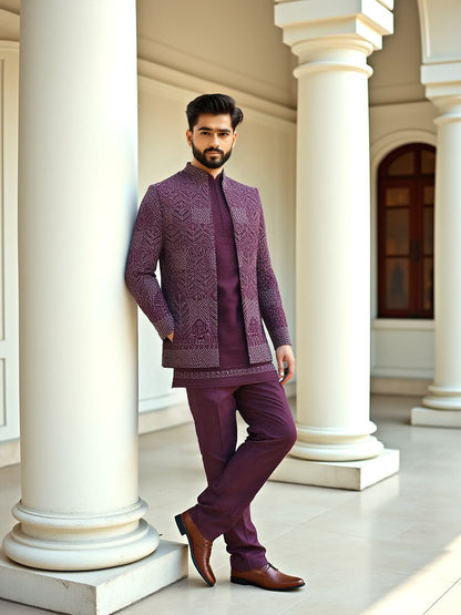 Suave Wine Stylish Thread Embroidery work Floral Matka Silk Indo-Open Jacket Set
