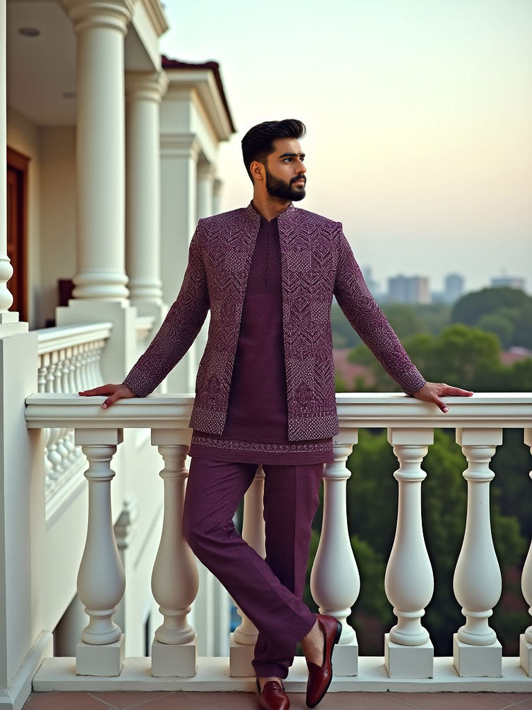 Suave Wine Stylish Thread Embroidery work Floral Matka Silk Indo-Open Jacket Set