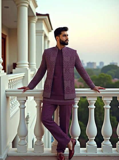 Suave Wine Stylish Thread Embroidery work Floral Matka Silk Indo-Open Jacket Set