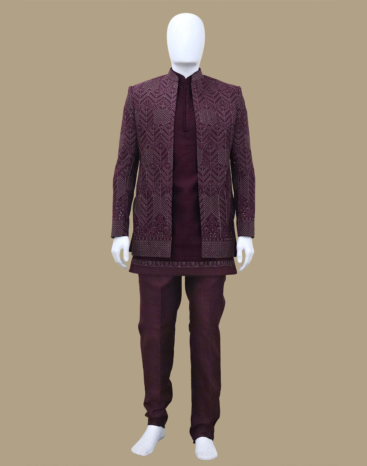 Suave Wine Stylish Thread Embroidery work Floral Matka Silk Indo-Open Jacket Set
