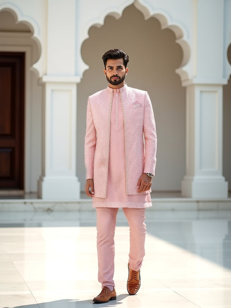 Peach Self Design Polynosic Thread with Mirror work Indo-Open Jacket Set