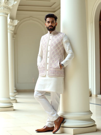 Warm White Floral Embroidery Design Georgette Indo-Open Jacket Style