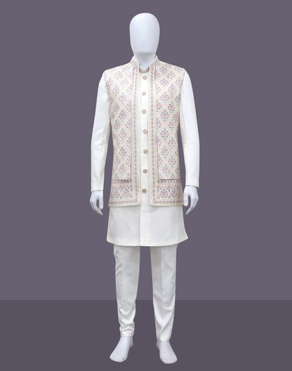 Warm White Floral Embroidery Design Georgette Indo-Open Jacket Style