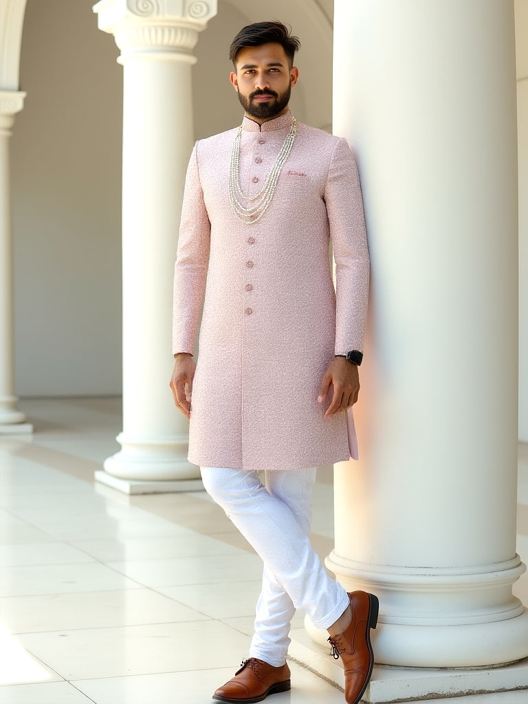 Peach Floral Raw Silk Indo Western with Thread Embroidery