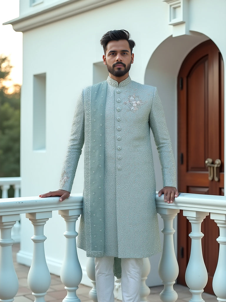 Sky All Over Zardosi Stones work Indo-Western with Elegant Dupatta