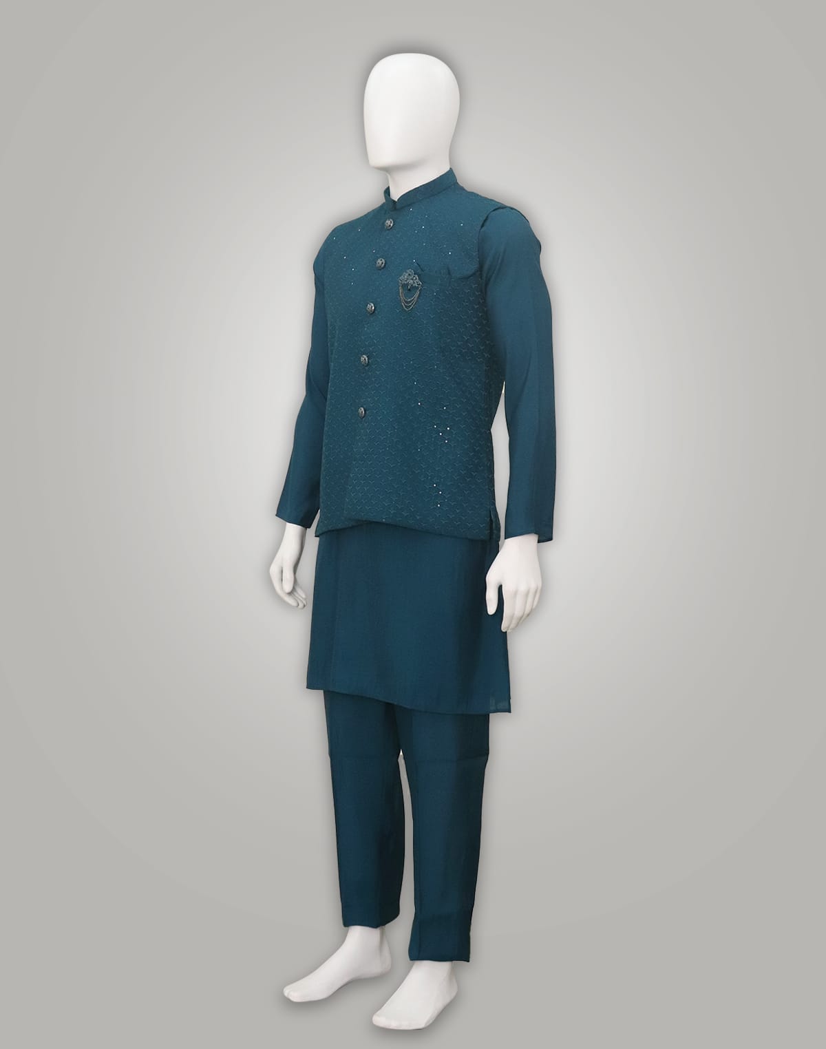 Peacock Blue Self Design  Pattern Raw Silk Jacket Set