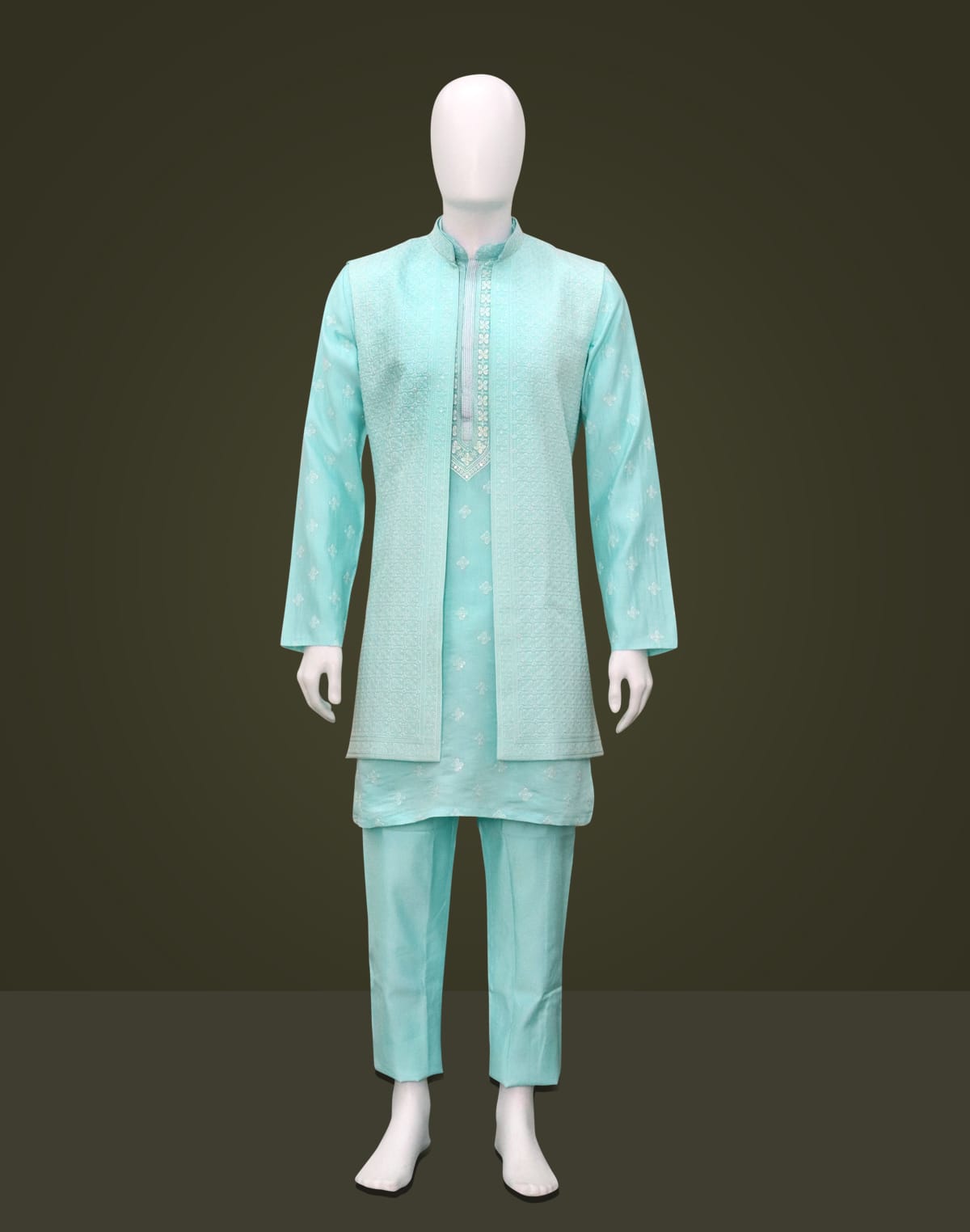 Elegant Firozi Raw Sill Floral Design Kurta Jacket Set