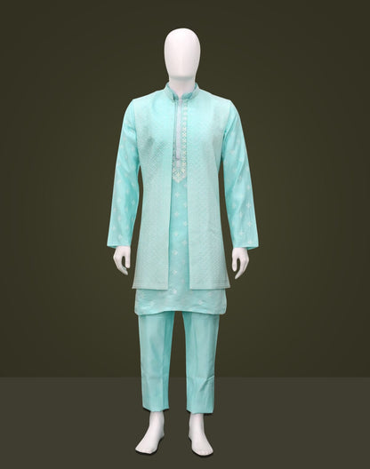 Elegant Firozi Raw Sill Floral Design Kurta Jacket Set