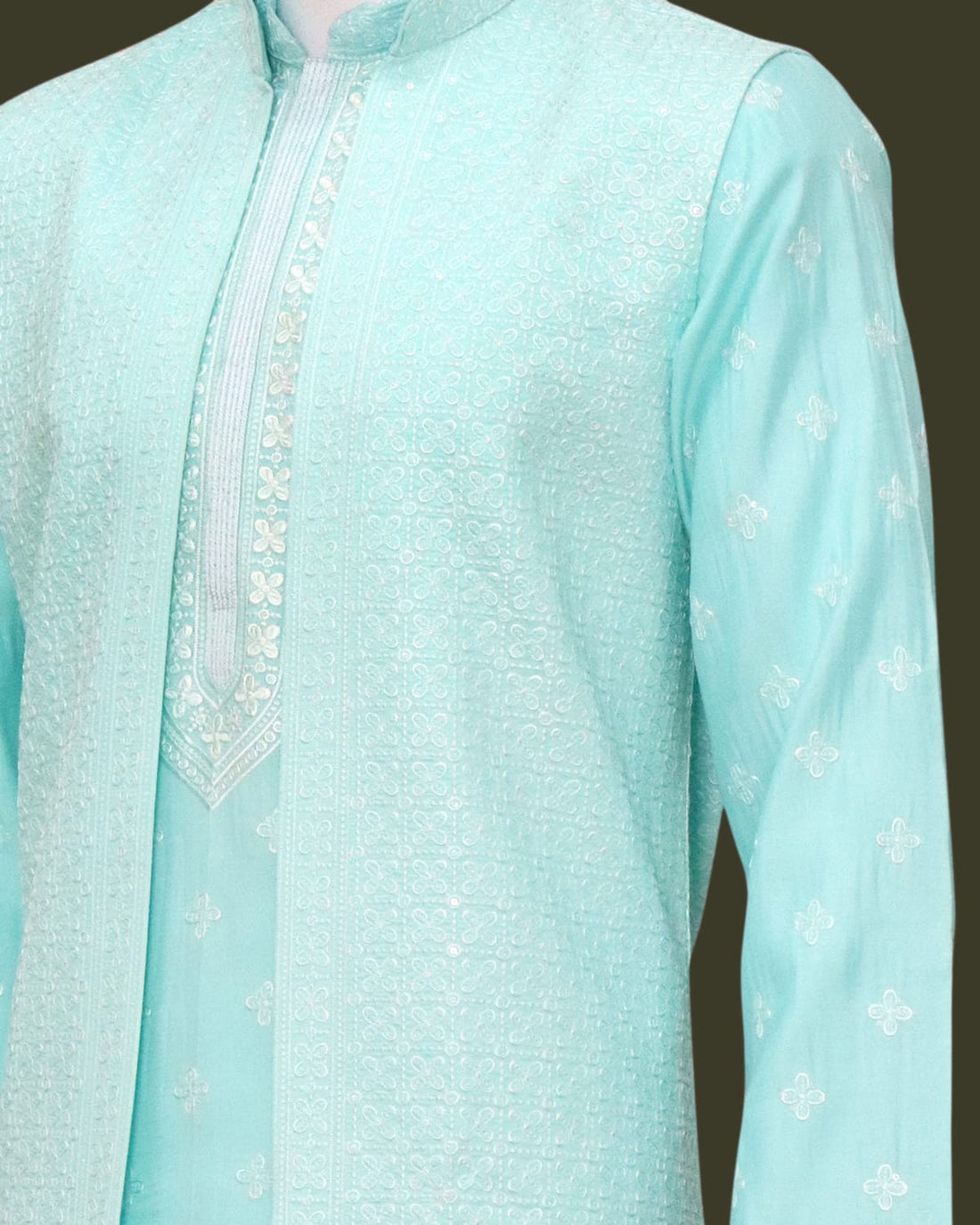 Elegant Firozi Raw Sill Floral Design Kurta Jacket Set