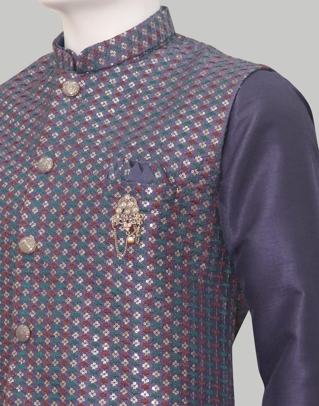 Regular Fit Kurta Pyjama Set with Embellished with Embroidery Jacket