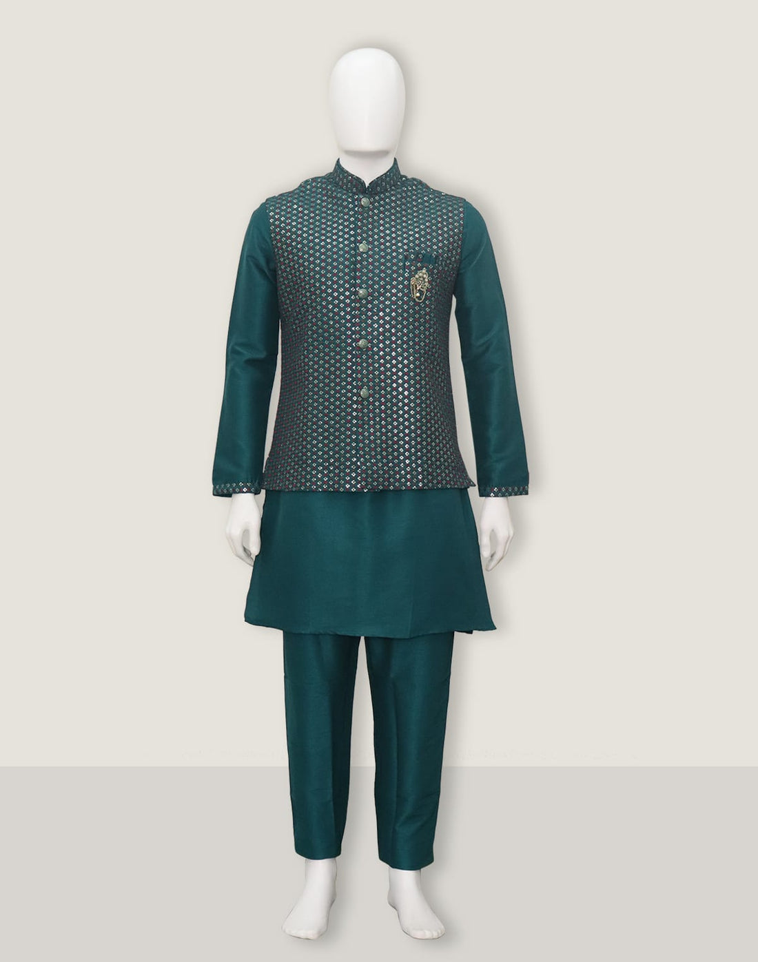 Sequence work Rama Green Raw Silk Kurta Jacket Set