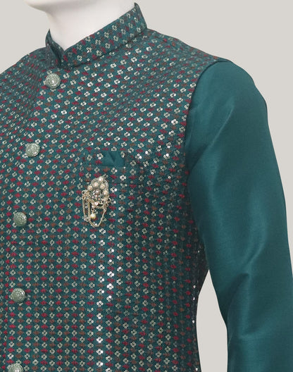 Sequence work Rama Green Raw Silk Kurta Jacket Set