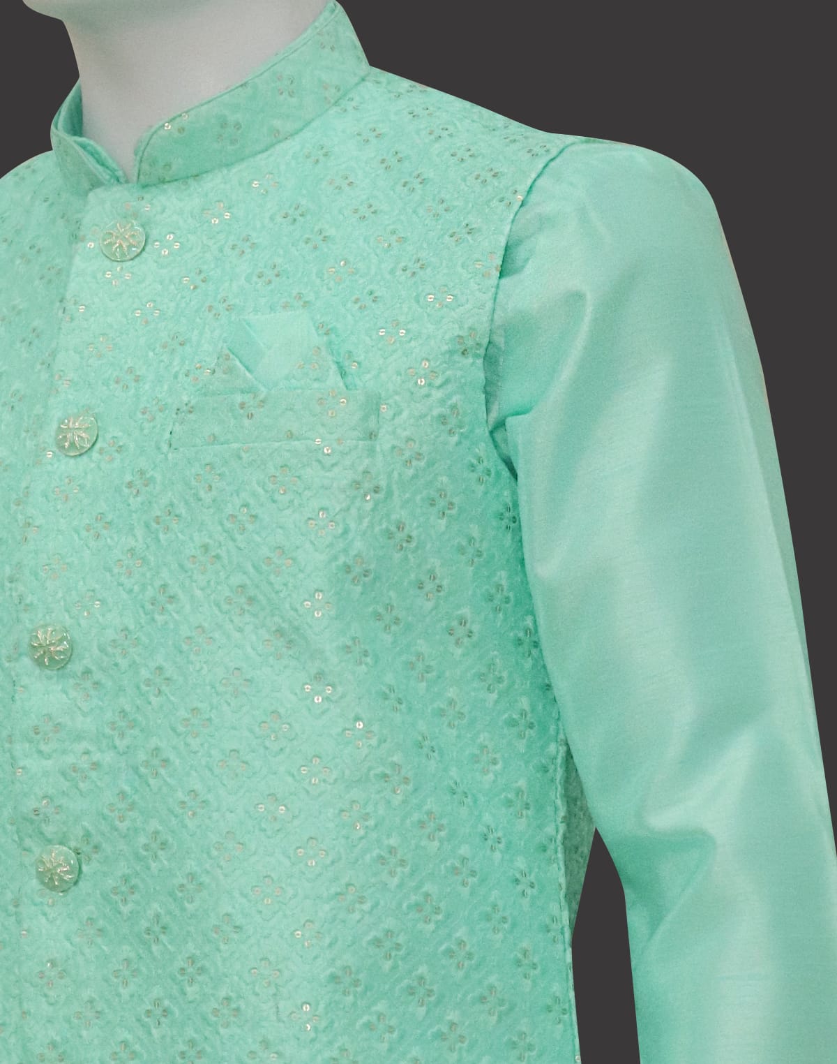 Sea Green Coloured Raw Silk Kurta Jacket Set