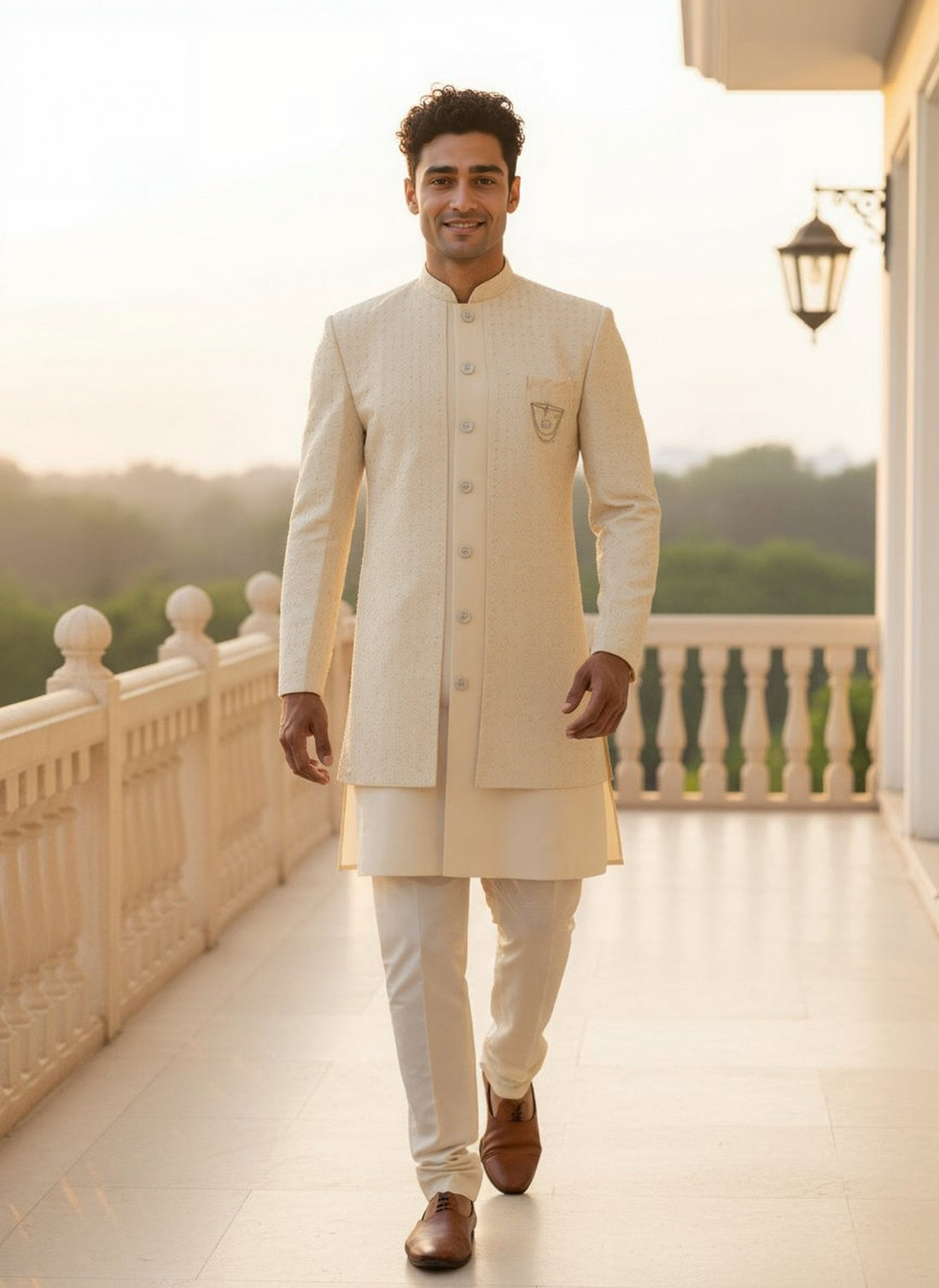 Cream Thread work Floral Georgette Kurta Jacket Set