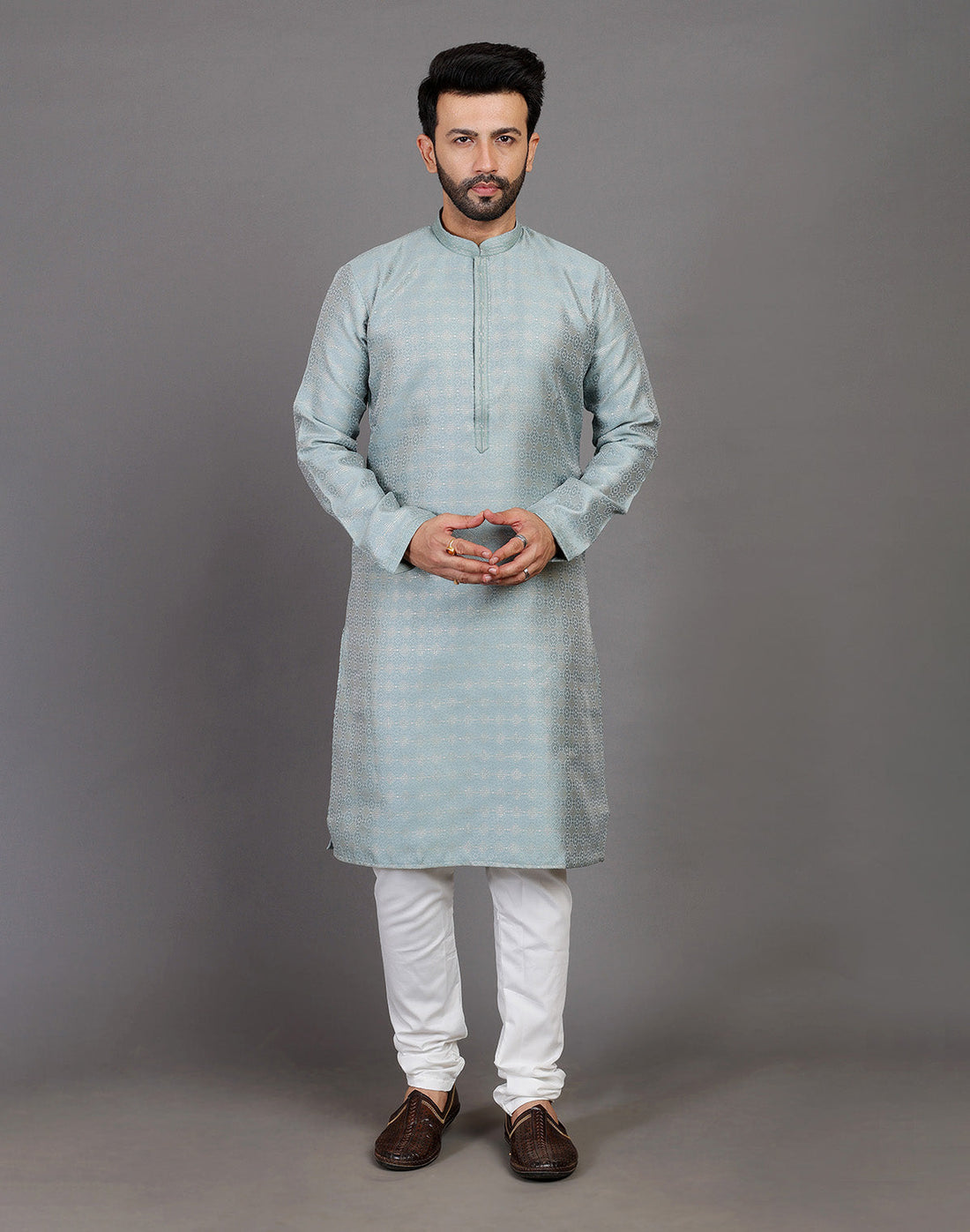 All Over Self Highlighted Thread Work Soft Silk Sea Green Kurta Set