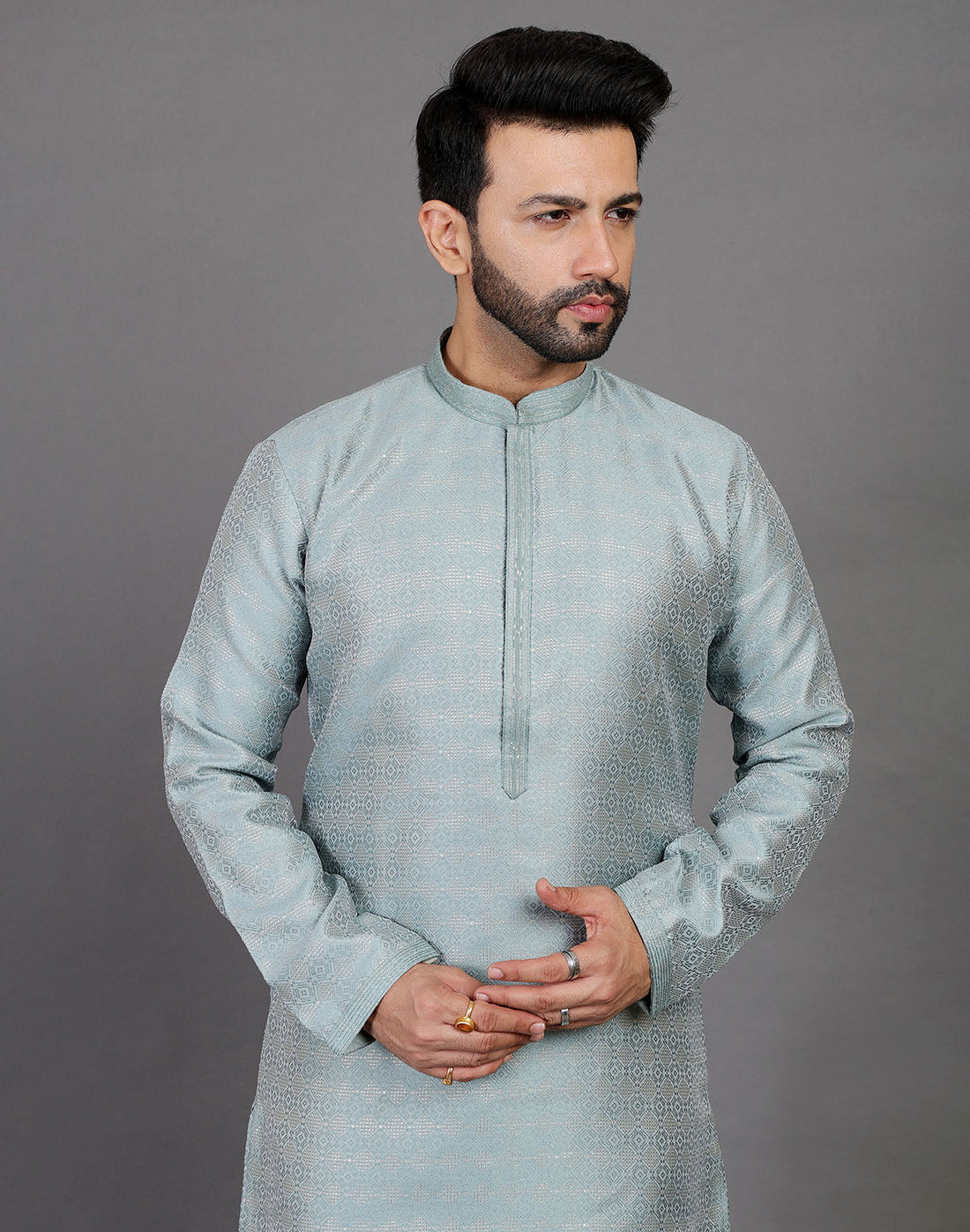 All Over Self Highlighted Thread Work Soft Silk Sea Green Kurta Set