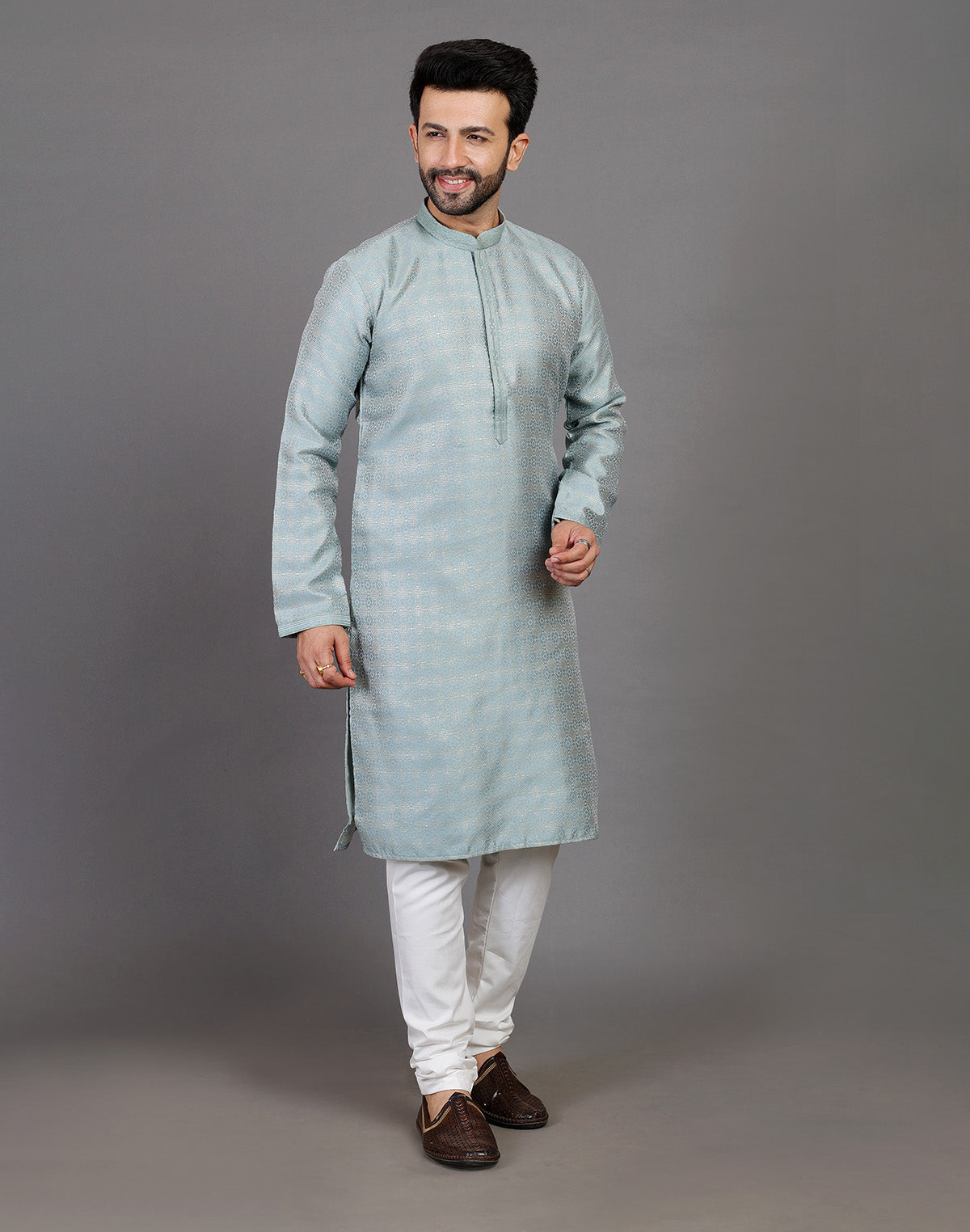 All Over Self Highlighted Thread Work Soft Silk Sea Green Kurta Set