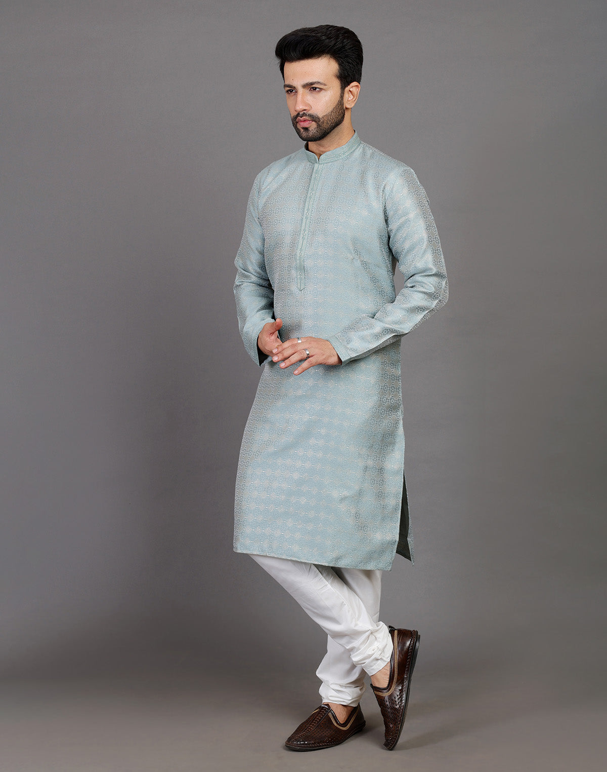 All Over Self Highlighted Thread Work Soft Silk Sea Green Kurta Set