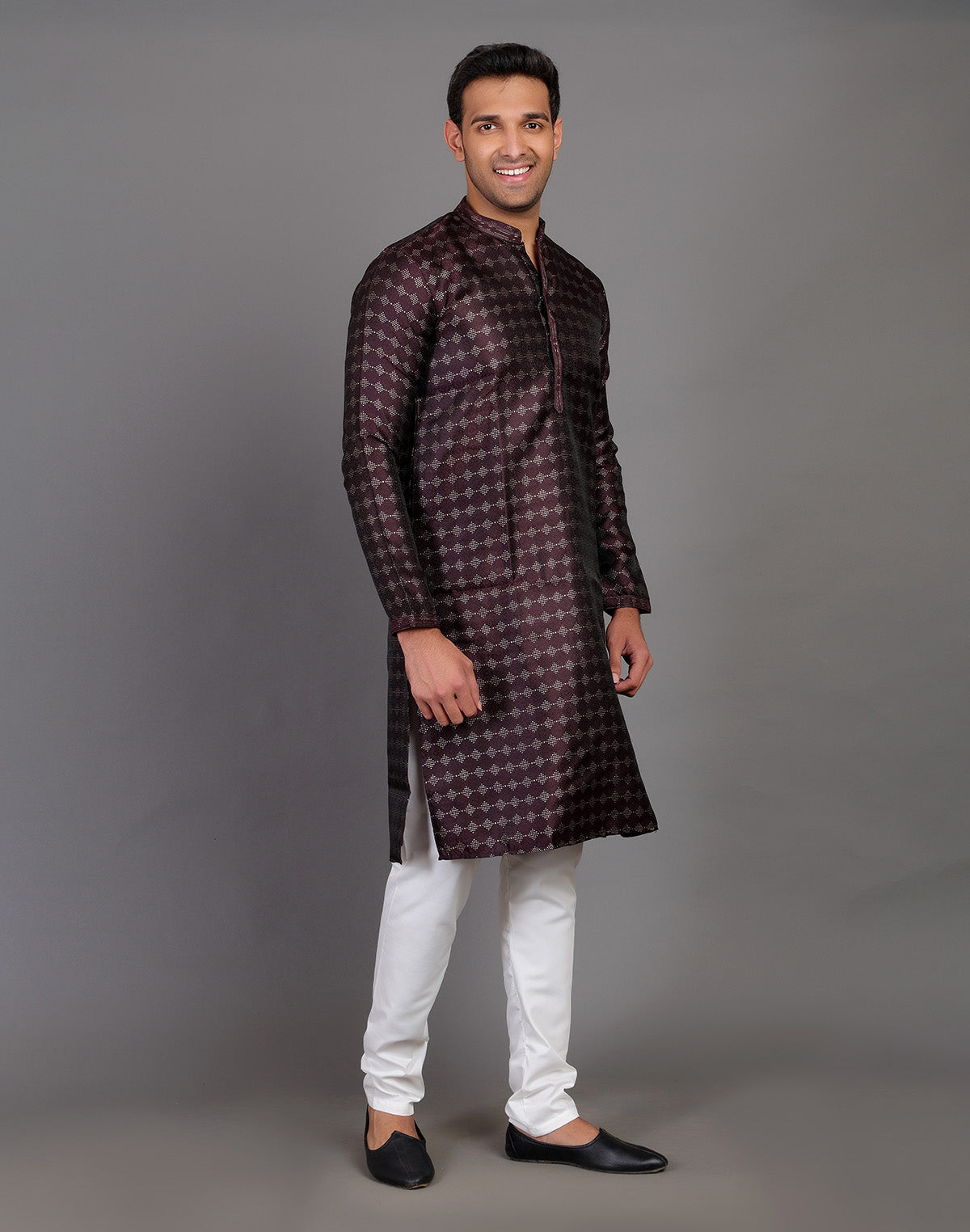 All Over Self Highlighted Thread Work Soft Silk Wine Coloured Kurta Set