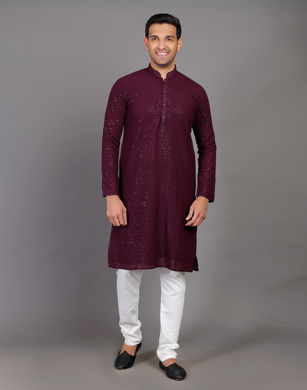 All Over Self Highlighted Sequence Work Wine Colored Kurta Pajama