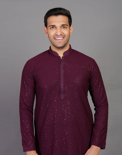 All Over Self Highlighted Sequence Work Wine Colored Kurta Pajama