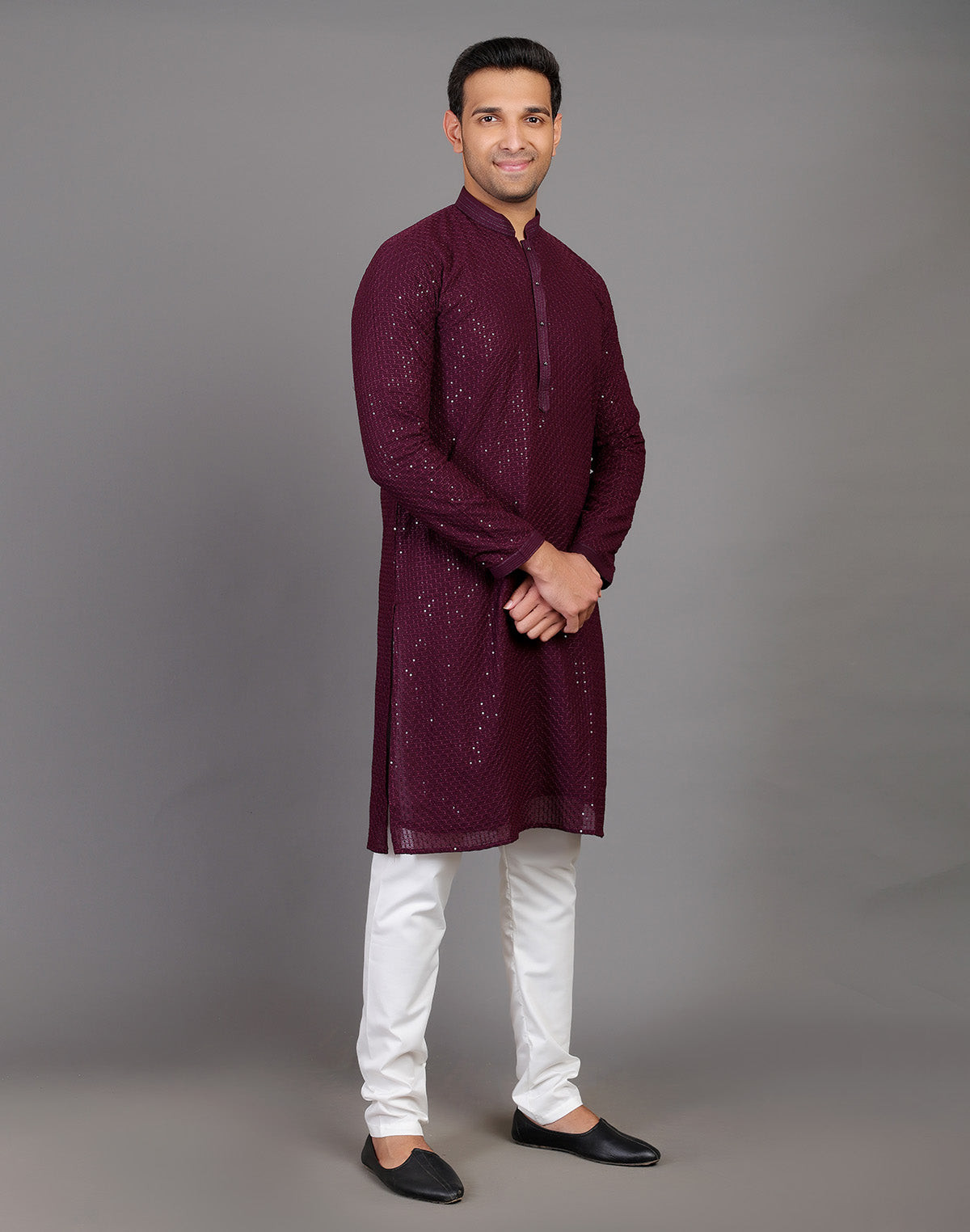 All Over Self Highlighted Sequence Work Wine Colored Kurta Pajama