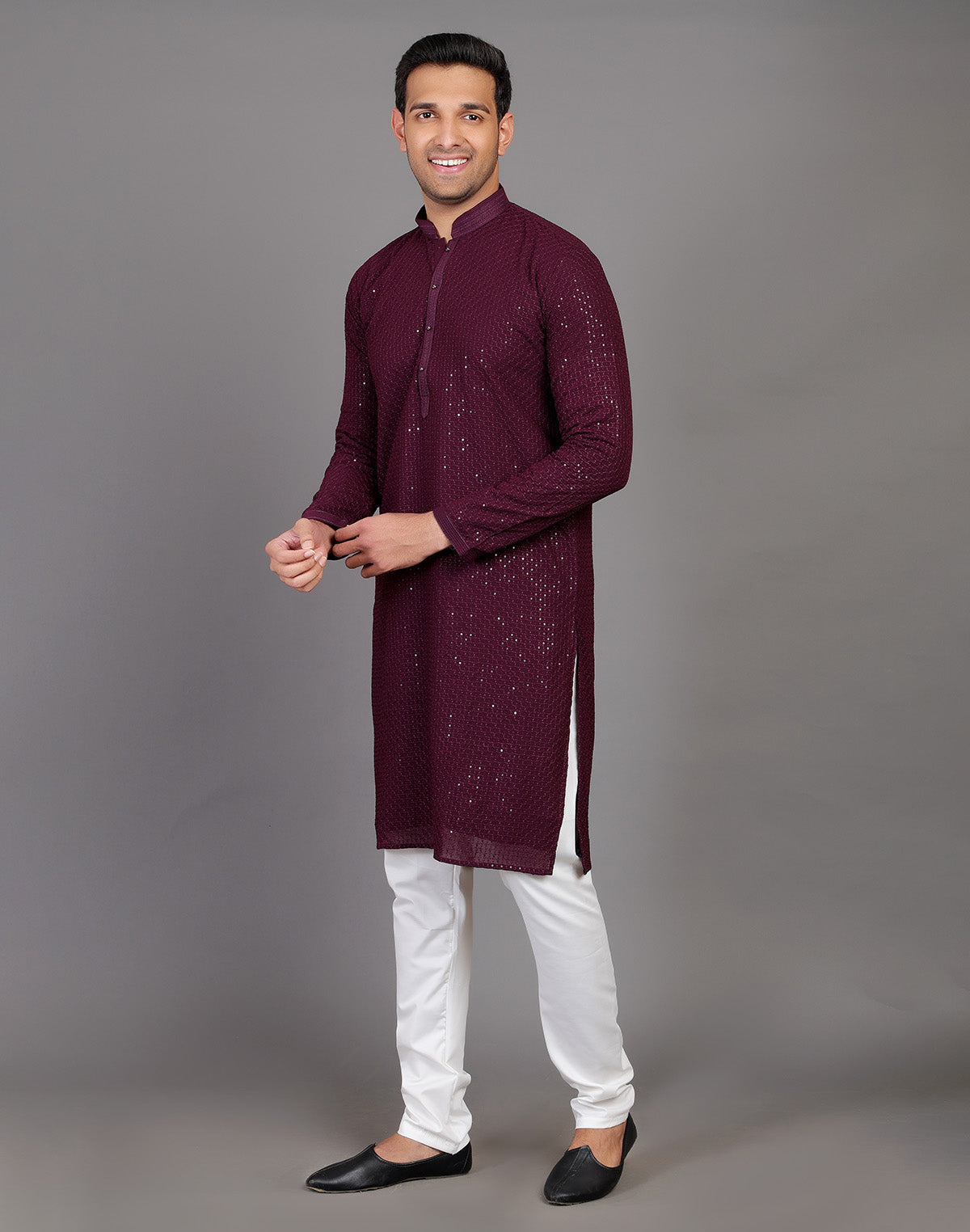 All Over Self Highlighted Sequence Work Wine Colored Kurta Pajama