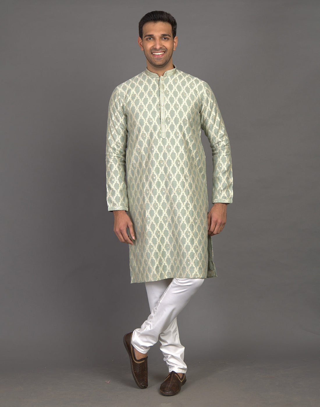 All Over Floral Weaving work Elegant Green Kurta Pyjama Set