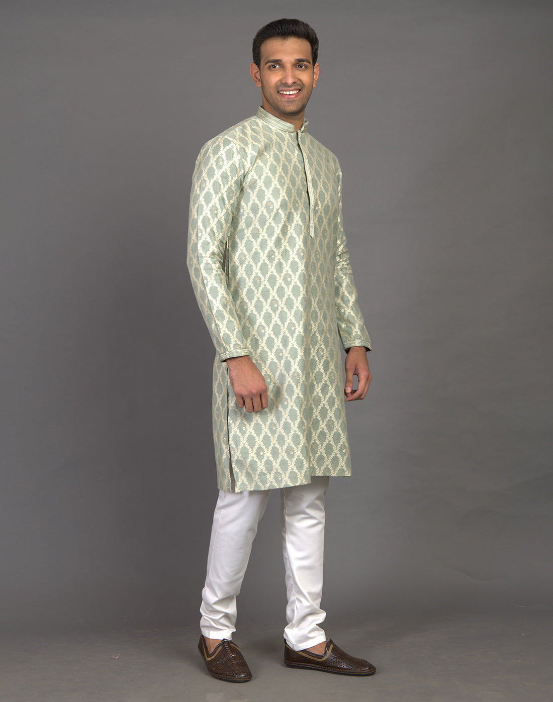 All Over Floral Weaving work Elegant Green Kurta Pyjama Set