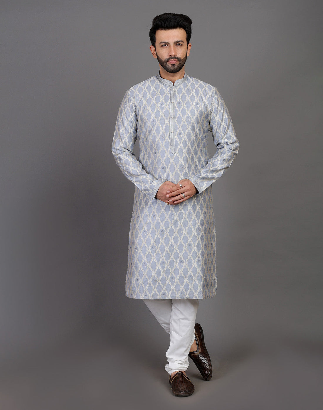 All Over Floral Weaving Work Grey Elegant Kurta Pyjama Set