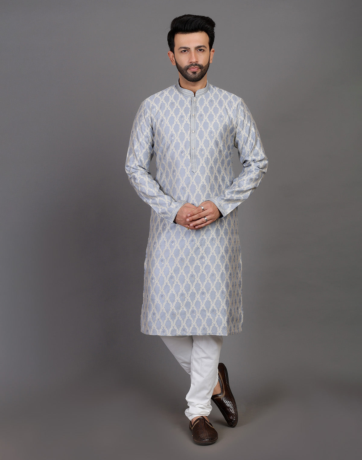 All Over Floral Weaving Work Grey Elegant Kurta Pyjama Set