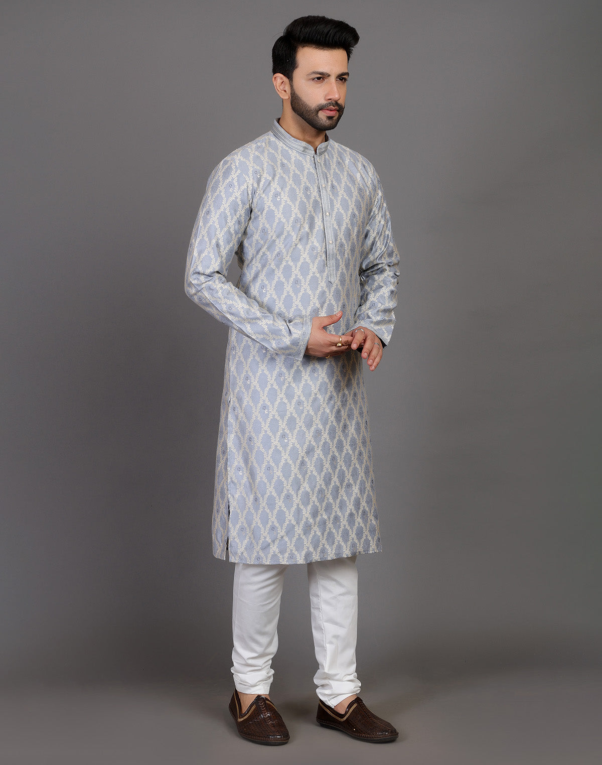 All Over Floral Weaving Work Grey Elegant Kurta Pyjama Set