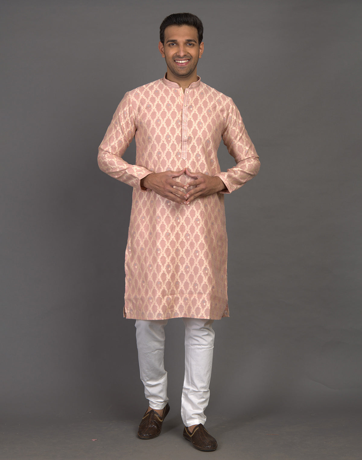 All Over Floral Weaving work Peach Kurta Pyjama Set