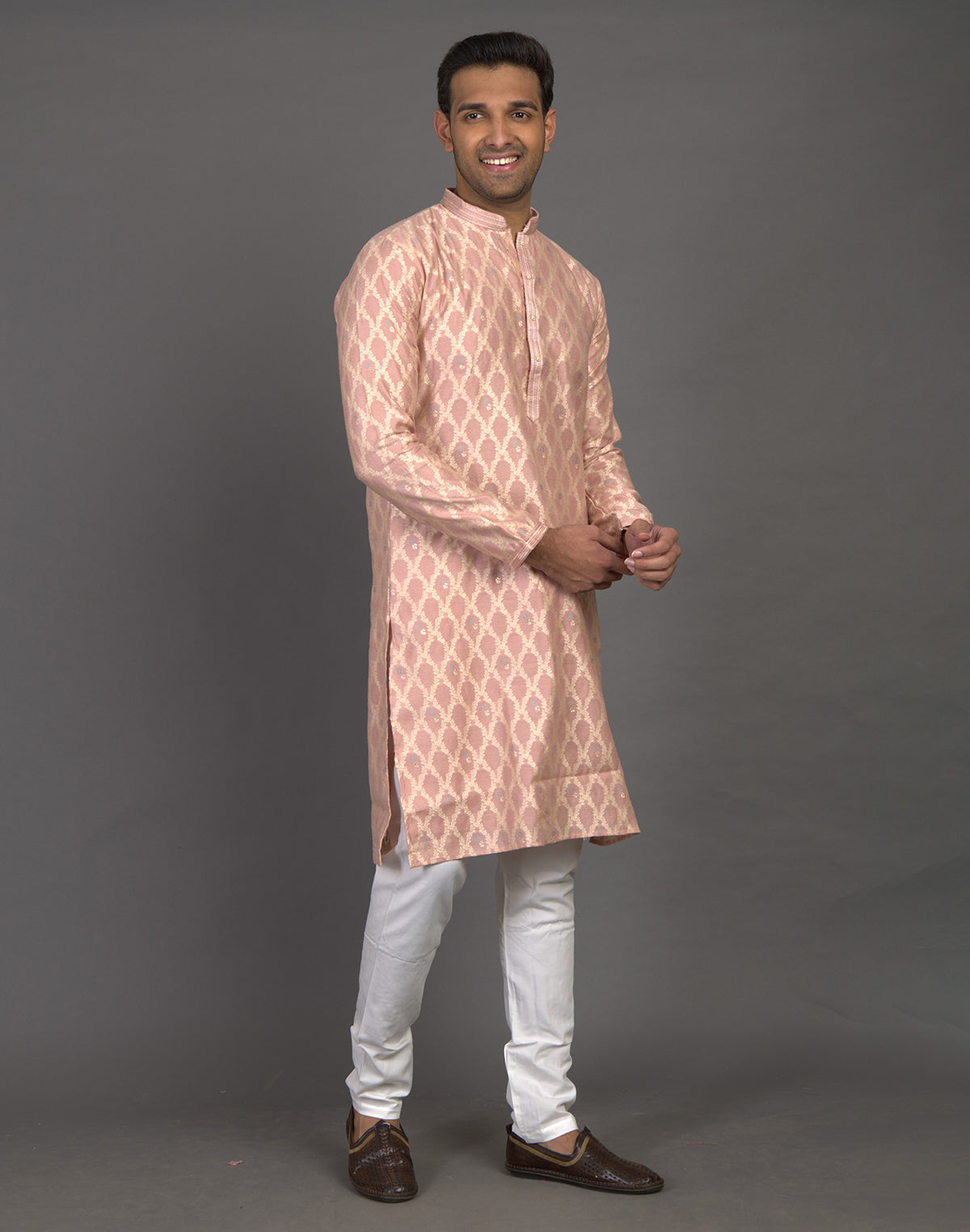 All Over Floral Weaving work Peach Kurta Pyjama Set