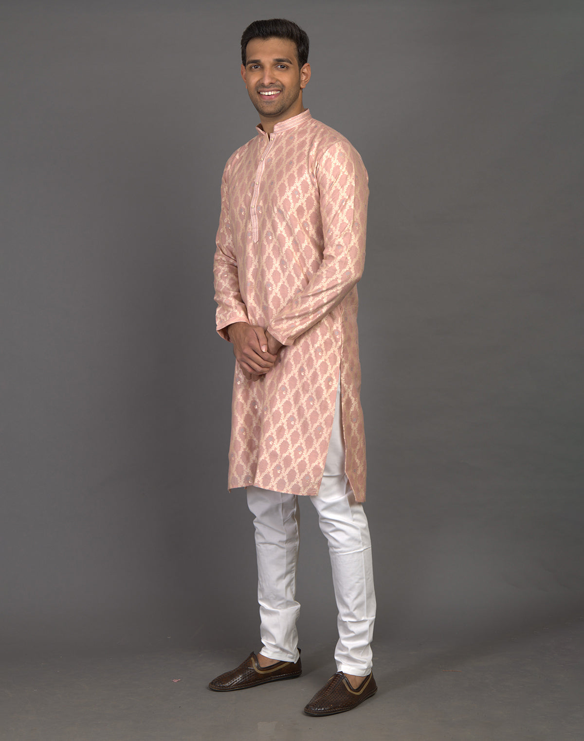 All Over Floral Weaving work Peach Kurta Pyjama Set