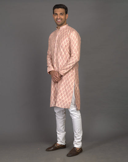 All Over Floral Weaving work Peach Kurta Pyjama Set