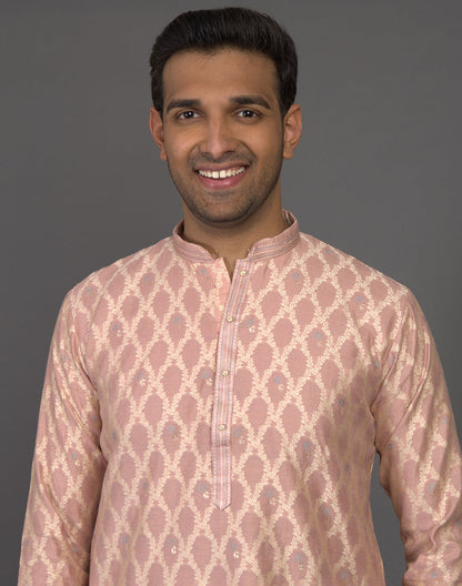 All Over Floral Weaving work Peach Kurta Pyjama Set