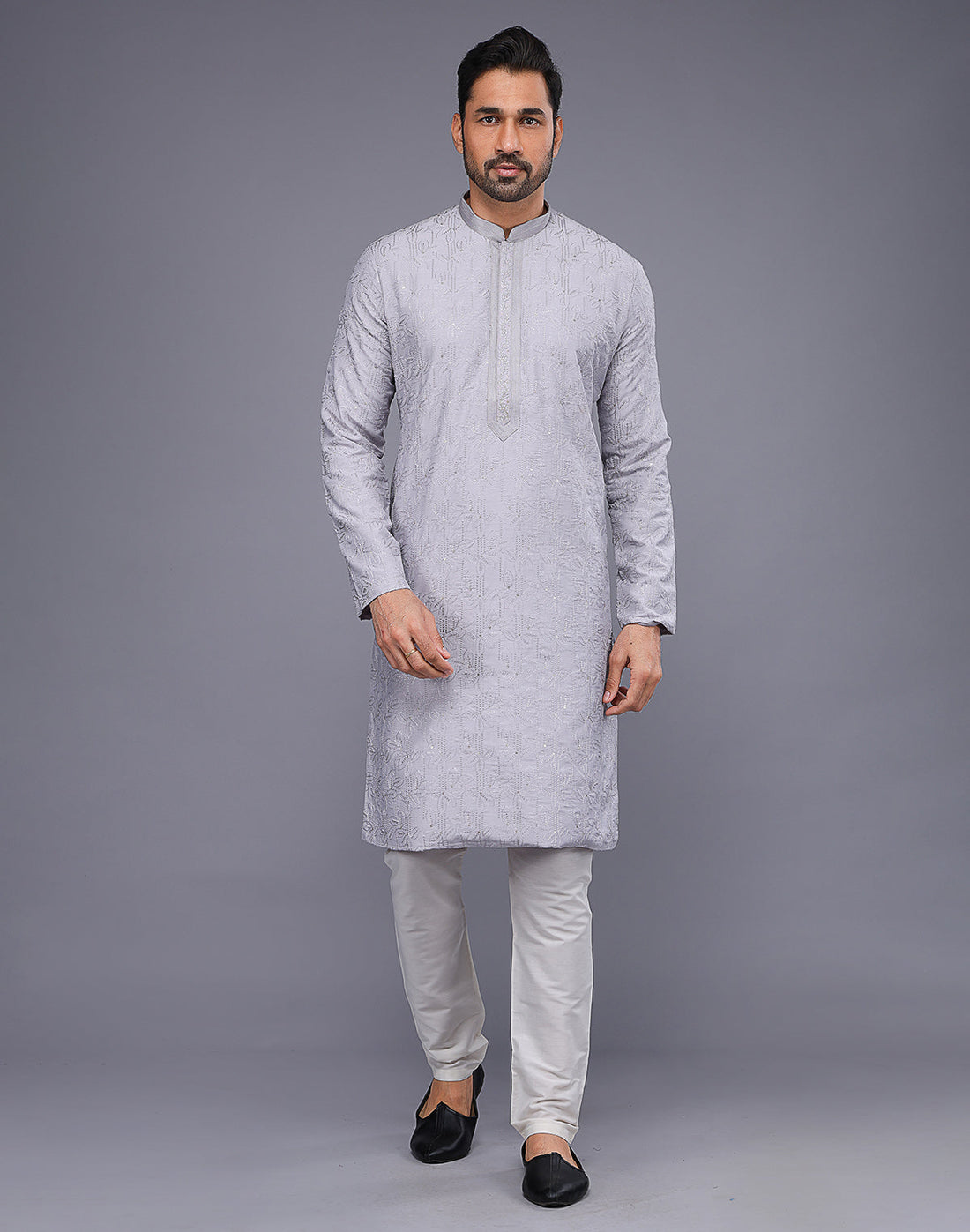 All Over Thread Work Soft Silk Grey Color Kurta Set